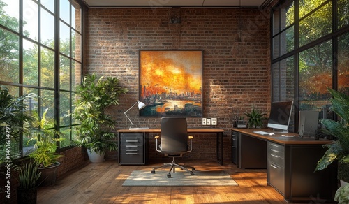 Wallpaper Mural Sunlit modern office, brick wall, plants, cityscape art Torontodigital.ca