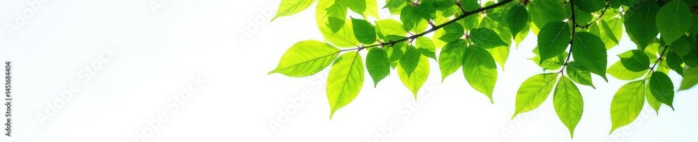 Tree with lush green leaves and branches against a white background, peaceful, branches