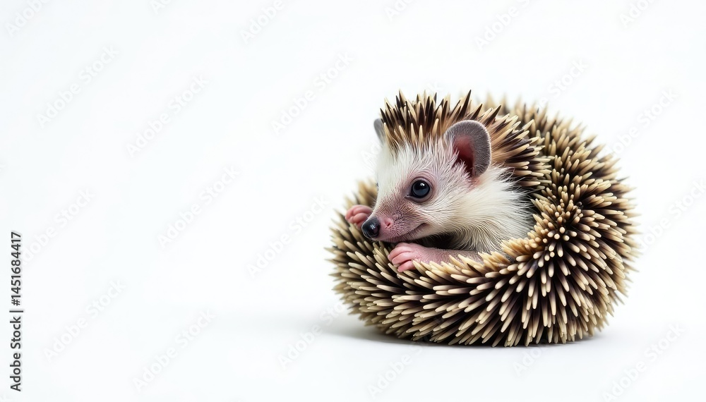 Tiny hedgehog curled in a ball on pure white background, furry, shadow, cute