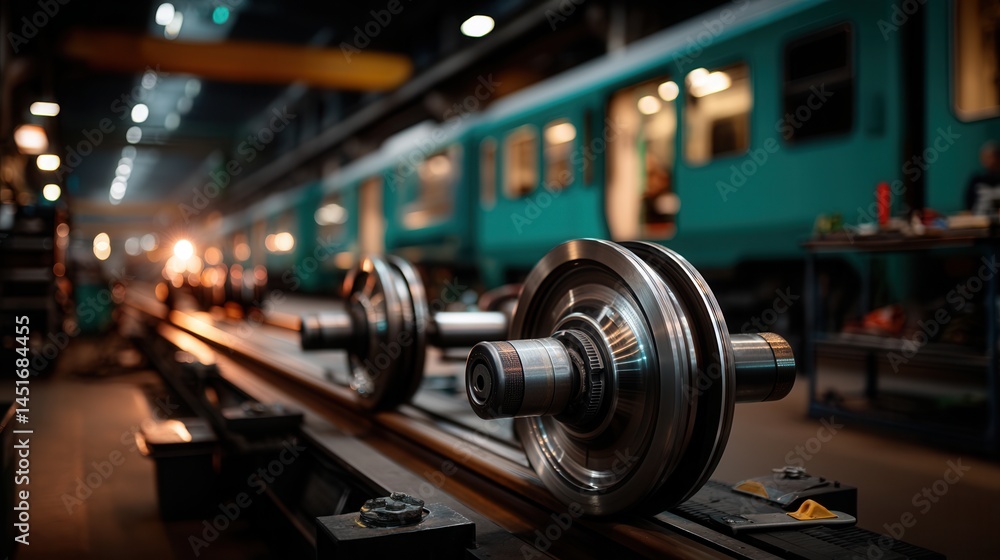 Fototapeta premium Focused industrial train wheel components in maintenance facility