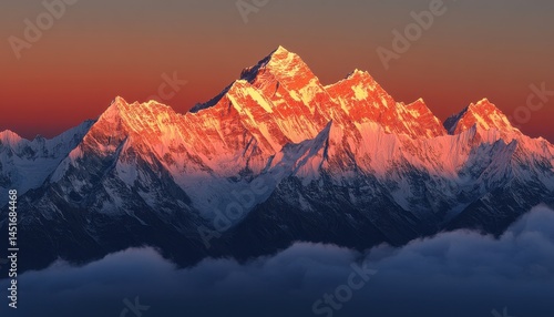 Fototapeta Naklejka Na Ścianę i Meble -  Majestic mountain range bathed in golden sunset light. Snowy peaks pierce the clouds