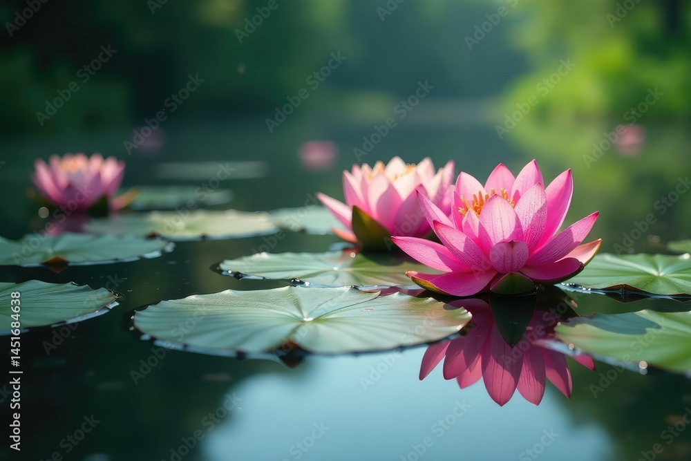 Water lilies, lotus blossoms create a floral pattern on calm lake surface, view, background