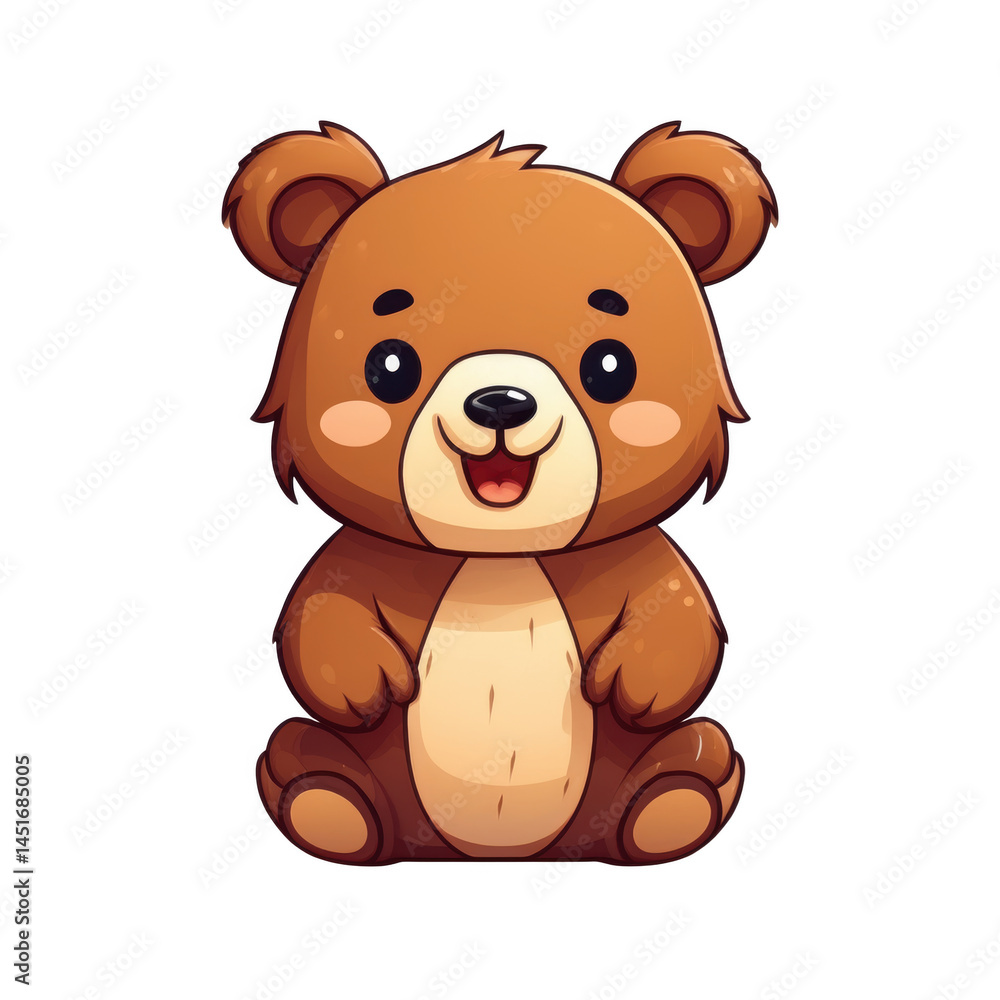 Obraz premium Adorable Cartoon Brown Bear Cub Sitting Happily A Cute Illustration Perfect for Children's Books and Products