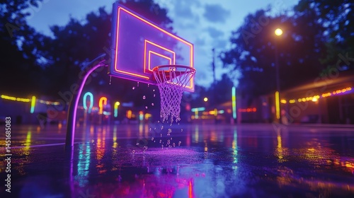 Neon-lit basketball hoop at night, water droplets, vibrant colors, urban setting