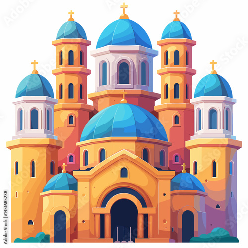 Majestic Orthodox cathedral with blue domes in Byzantine style. Detailed vector illustration of an ancient temple, historical religious architecture, and cultural heritage landmark for tourism.