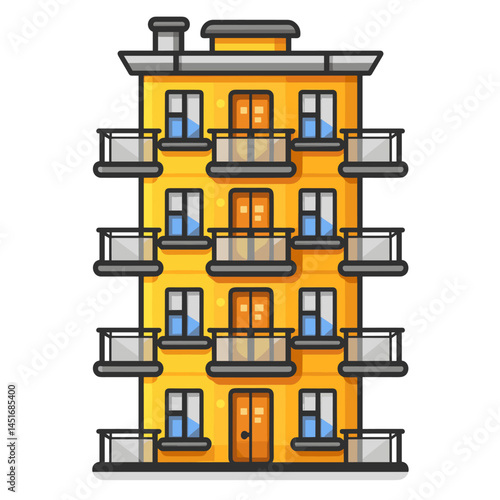 Vector illustration of a residential building with balconies in a minimalist flat style. An icon of urban architecture, real estate, or the concept of urban life. Isolated object for design use.