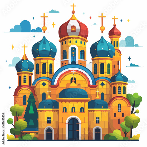 Vector illustration of a Russian or Eastern European cathedral with bright domes and crosses. A cartoon-style icon, a symbol of Christian architecture, religion, and culture for tourism topics.