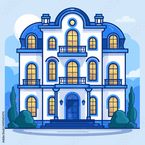 An elegant mansion in a classic style. Vector illustration of an old palace or a rich house with a mansard roof and glowing windows for real estate and hotel design.