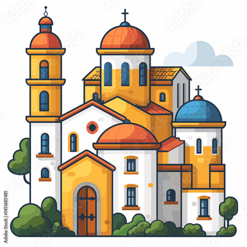 Cozy European village or monastery with a bell tower. Vector illustration of traditional southern architecture with tiled roofs for travel and cultural design.