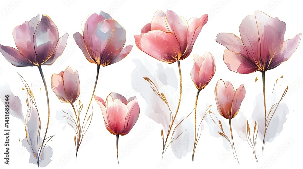 Obraz premium Pink Watercolor Tulips Gold Accents