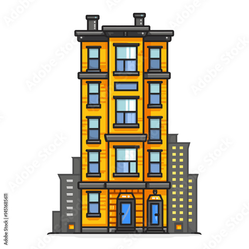 Vector illustration of a tall modern residential building with yellow walls – a vibrant icon for real estate, city life, construction, and architectural design themes 