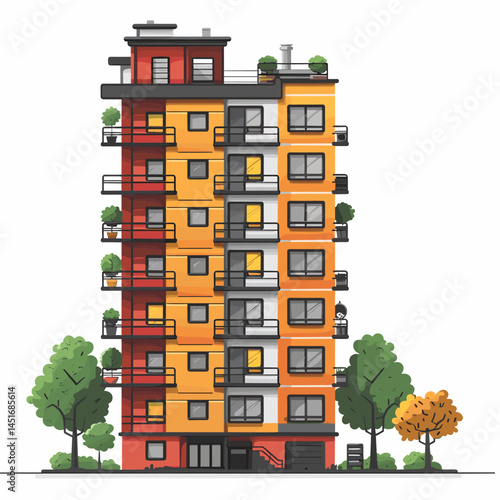 Vector illustration of a modern multi-story residential complex or office building – a symbol of urbanization, business development, and technological progress