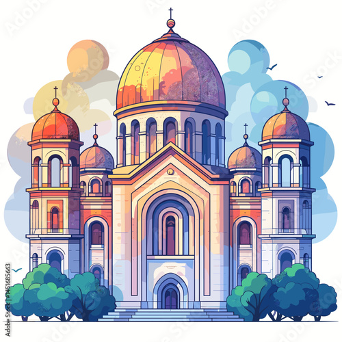 Kaleidoscopic illustration of a fairytale cathedral with multiple multicolored domes – an expressive vector design full of magic, color, and oriental luxury