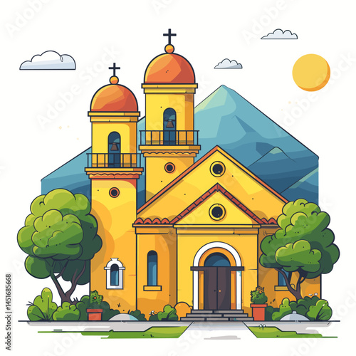 Digital watercolor illustration of a small European parish church against a rural landscape – a symbol of peace, faith, and provincial charm on a sunny day