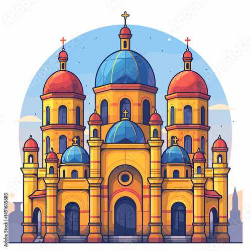 Colorful vector illustration of a Christian church with a large blue dome in modern minimalist style – a perfect element for designing travel guides, logos, and city maps