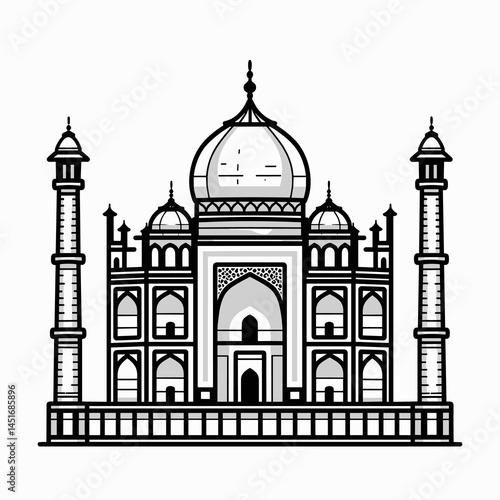 Taj Mahal, outline vector illustration. Black and white drawing of a famous Indian landmark. Travel to Asia icon. Element for a coloring book or a tourism logo design isolated.