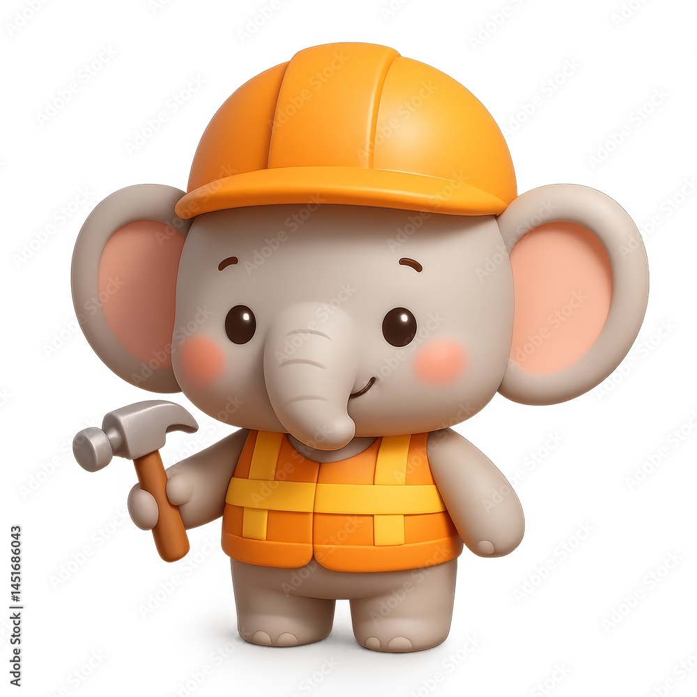 Fototapeta premium Cute Elephant in Construction Gear Smiling and Holding a Hammer