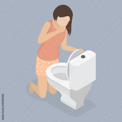 Sick woman suffering from vomit in toilet. Nausea throwing up from food poisoning, pregnancy symptom or drunk. 3d flat isometric vector illustration.