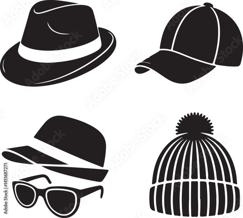 Black Hat Silhouettes Clipart – Fedora, Top Hat, Bowler Hat & Classic Hat Vector Set

