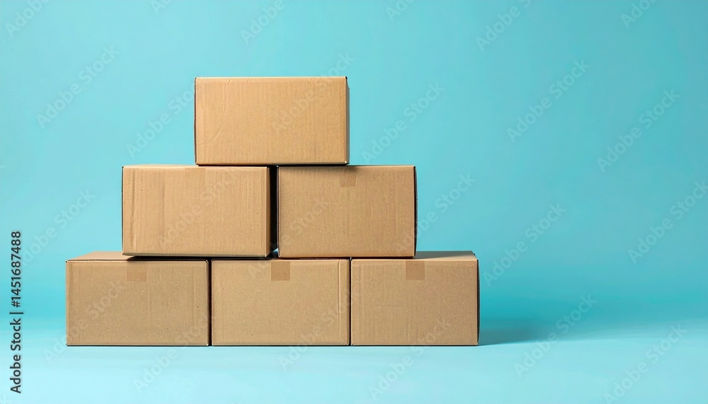 Obraz premium Delivery action stacked cardboard boxes in studio setting on blue background product photography minimalist design
