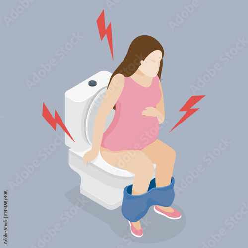 3d flat isometric vector illustration. Pregnant woman is sitting on  toilet. Constipation, diarrhea or cystitis during pregnancy, digestive problems.