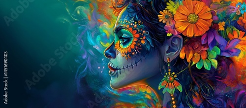 Vibrant Colorful Artistic Portrait of a Woman with Floral Headpiece and Sugar Skull Makeup