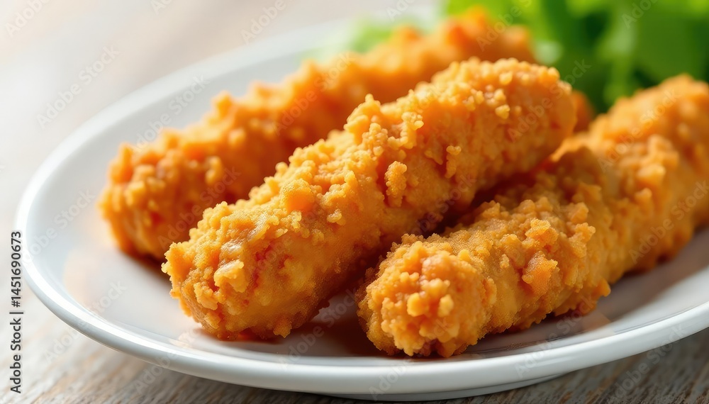 Close-up of crispy fried chicken strips on white , restaurant, unhealthy Close-up of crispy fried chicken strips on white , restaurant, unhealthy