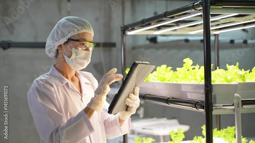Scientist in protective gear testing hydroponic solution with microscope in indoor smart farming lab