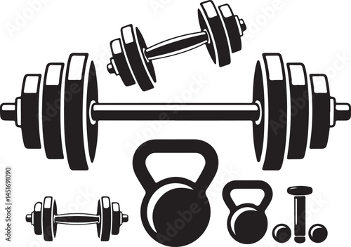 Black Dumbbell and Barbell Silhouettes Clipart – Gym Weight Bar, Fitness Equipment Vector Set

