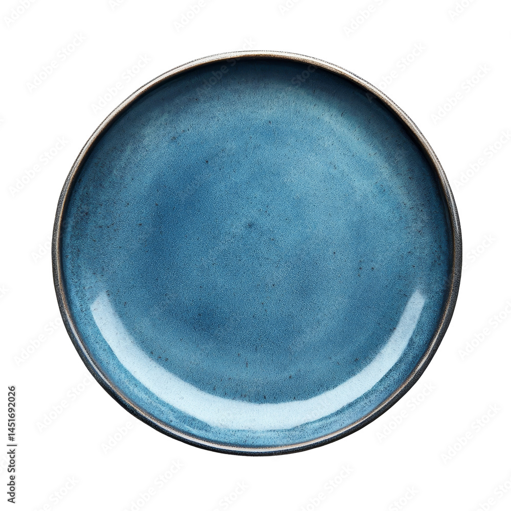 Blue ceramic plate with a smooth finish displayed on a simple transparent background, blue ceramic plate on transparent background Blue ceramic plate with a smooth finish displayed on a simple transparent background, blue ceramic plate on transparent background