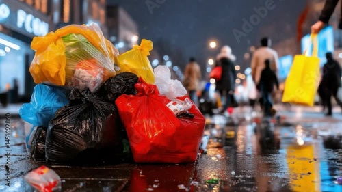 Colorful Trash Bags on a Rainy Street with People Walking in the Background during Nighttime Urban Scene