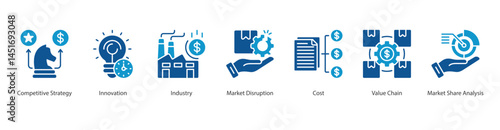 Competitive Market icon sheet web vector illustration competitive strategy, innovation, industry, market disruption, cost, value chain, market share analysis