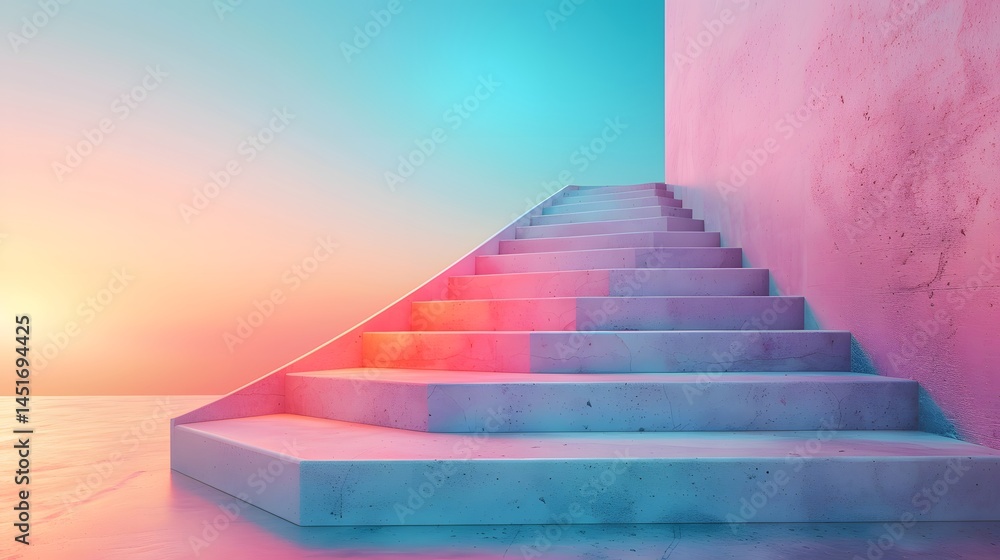 Fototapeta premium Ascending Steps to a Dreamscape: Concrete stairs ascend towards an inviting light, set against a vibrant, gradient sky, creating a sense of aspiration and endless possibility.
