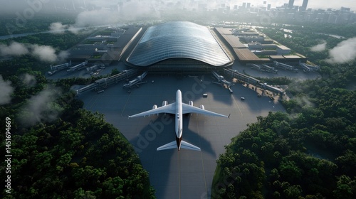 Wallpaper Mural Aerial view of a massive international airport with planes taking off, cargo being loaded, and ground transport systems Torontodigital.ca