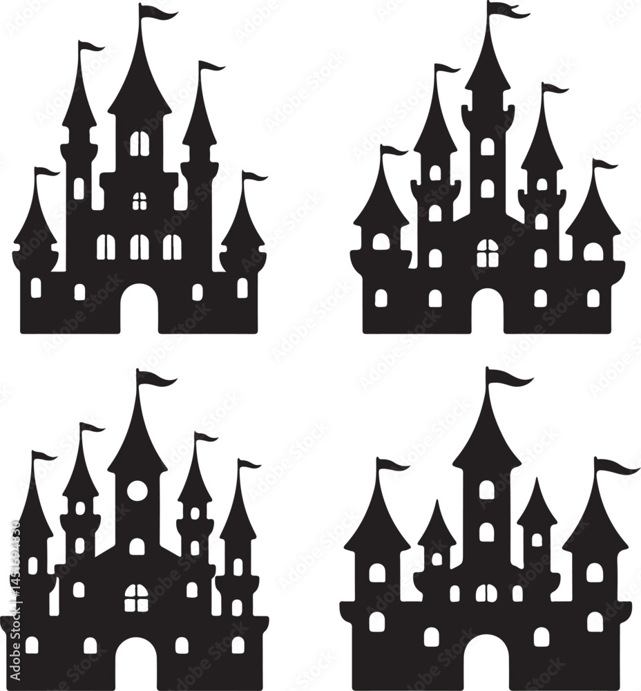Fototapeta premium Black Castle Silhouettes Clipart – Fairytale, Medieval, Fantasy & Towered Castles Vector Set