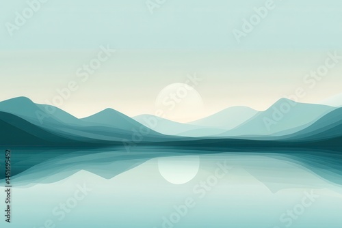 Stylized teal mountains reflecting on a tranquil lake at sunrise. Use as a background for presentations or website headers.