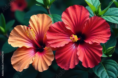 Wallpaper Mural Intricate hibiscus blossoms, vibrant hues, tropical leaves , detail, flora, element Torontodigital.ca