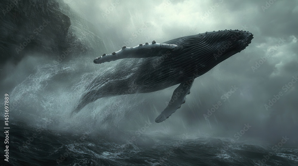 Fototapeta premium A realistic image of a humpback whale leaping through a misty ocean, capturing the majestic creature as it emerges from the water with a powerful splash.