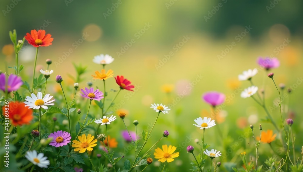 Fototapeta premium Scattered wildflowers, dainty stems, soft focus , airy, dreamy