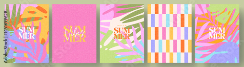 Creative concept of summer bright cards set with abstract tropical leaves. Modern art minimalist style design templates for celebration, ads, branding, banner, cover, label, poster, sales