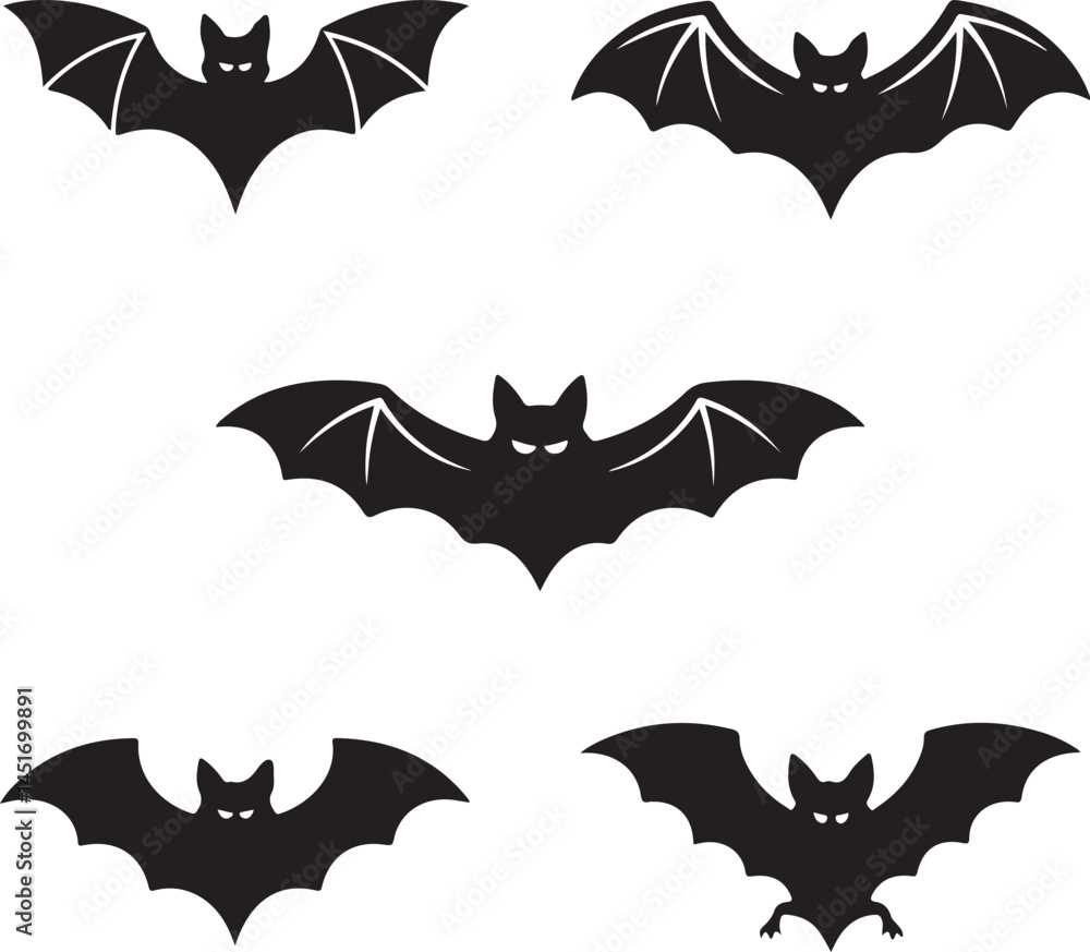 Fototapeta premium Black Bat Silhouettes Clipart – Flying Bats Vector Set for Halloween and Night Creatures