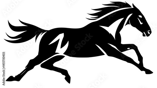 Running Horse Silhouette in Tribal Style Vector, Dynamic black and white illustration of a galloping horse in a tribal-inspired silhouette, symbolizing power, speed, and freedom.

