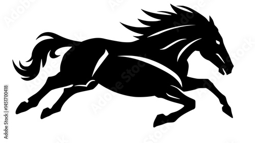 Running Horse Silhouette in Tribal Style Vector, Dynamic black and white illustration of a galloping horse in a tribal-inspired silhouette, symbolizing power, speed, and freedom.

