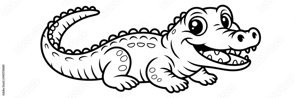 Obraz premium Cute Crocodile Sketch: A charming monochrome illustration of a smiling crocodile, depicting a friendly reptile with detailed scales and a playful demeanor.