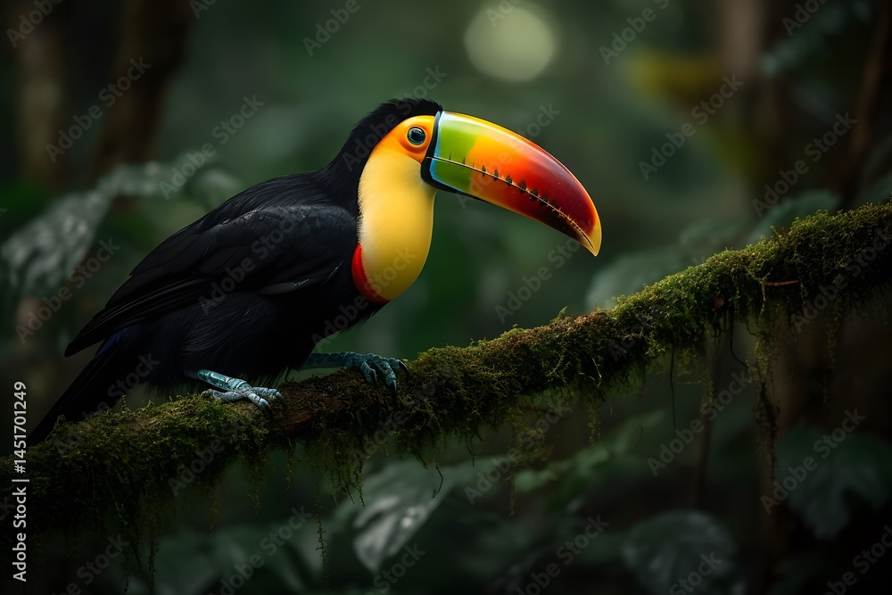 Fototapeta premium A colorful toucan perched on a mossy branch in a lush green forest looking towards the left side