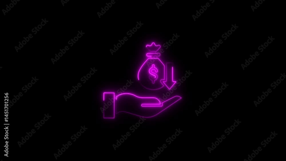 Animated neon dollar bag with down arrow symbolizing financial decrease Animated neon dollar bag with down arrow symbolizing financial decrease