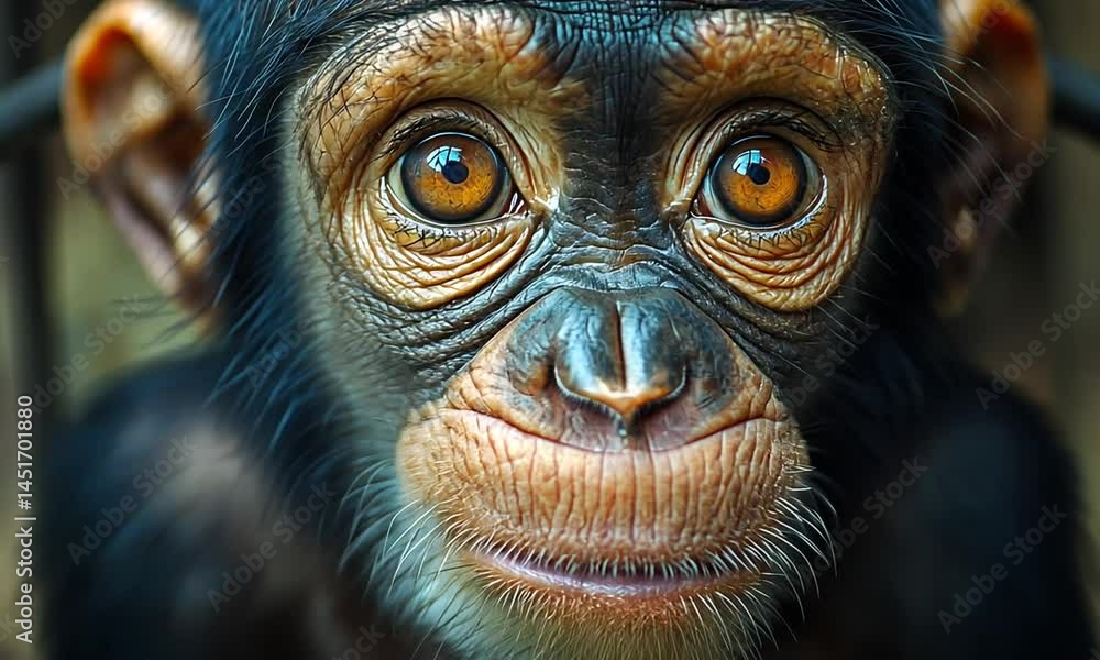 Close-up portrait of a young chimpanzee with expressive eyes in a natural setting Close-up portrait of a young chimpanzee with expressive eyes in a natural setting