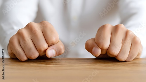 Close-up View of Two Clenched Fists Resting on a Wooden Surface Conveying Emotion and Tension