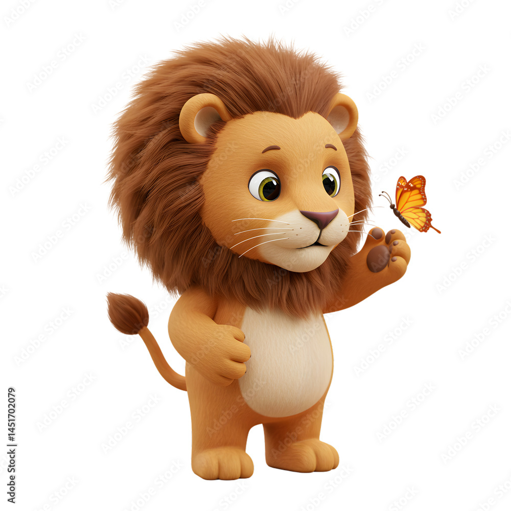 Cartoon Lion Looking at Butterfly on Paw Illustration Cartoon Lion Looking at Butterfly on Paw Illustration