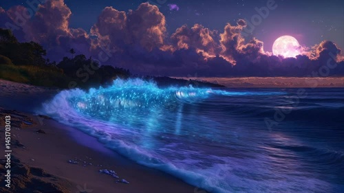 Mystical glow on a tranquil beach at night.  Waves of bioluminescent plankton illuminate the shore as the moon hangs high in a dramatic twilight sky
